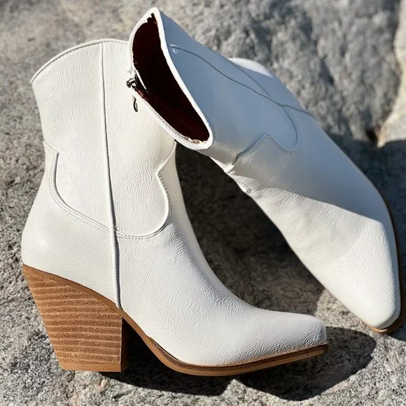 NEW Pointy Toe Stack Block Heel Western Curved Mid Ankle Booties Boots Off White - Picture 13 of 13